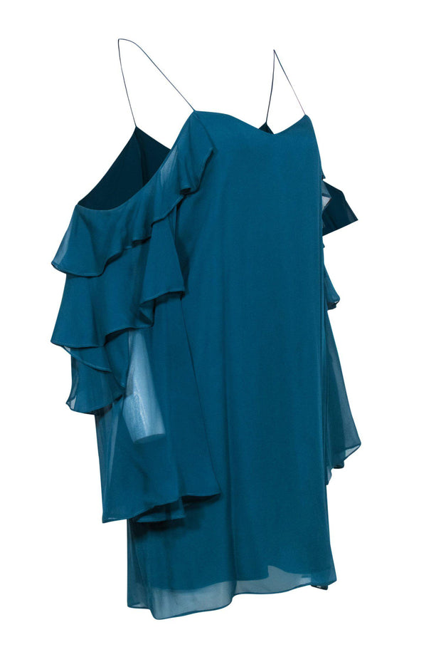 Haute Hippie - Teal Silk Shift Dress w/ Ruffle Sleeves Sz S Haute Hippie - Teal Silk Shift Dress w/ Ruffle Sleeves Sz S