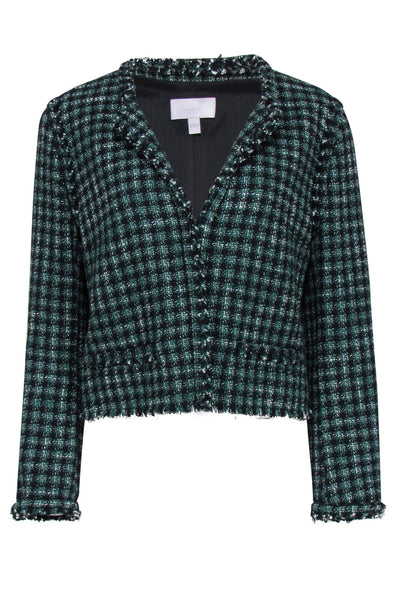 Current Boutique-BOSS Hugo Boss - Black & Green Cotton Blend Cropped Plaid Tweed Jacket Sz 10