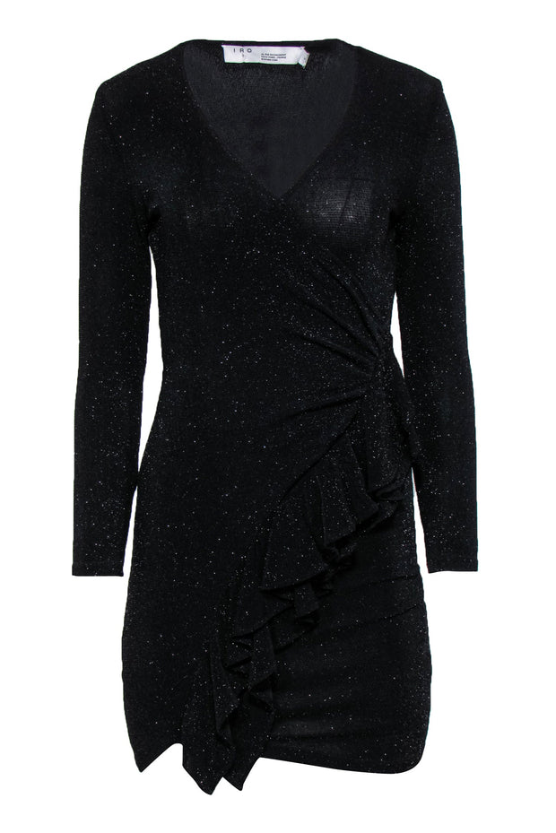 Current Boutique-IRO - Black Sparkly Long Sleeve Ruffled Bodycon Dress Sz 4