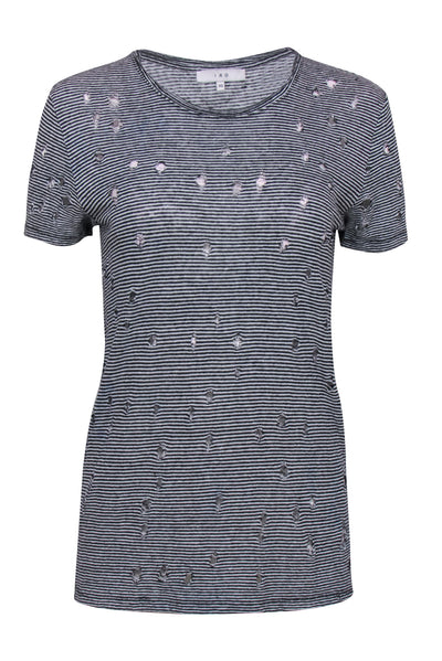 Current Boutique-IRO - White & Black Striped Distressed Linen Tee Sz XS