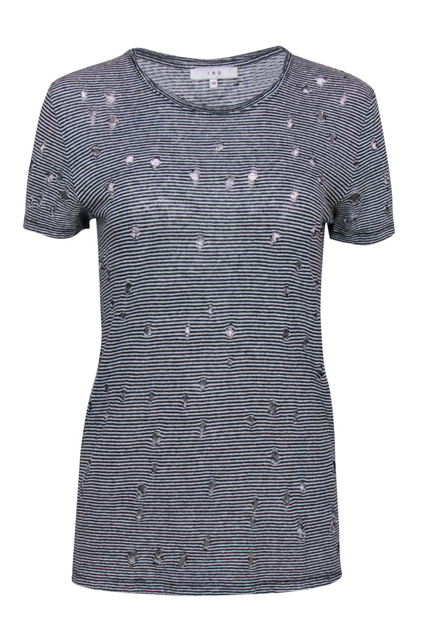 Current Boutique-IRO - White & Black Striped Distressed Linen Tee Sz XS