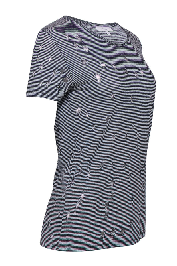 Current Boutique-IRO - White & Black Striped Distressed Linen Tee Sz XS