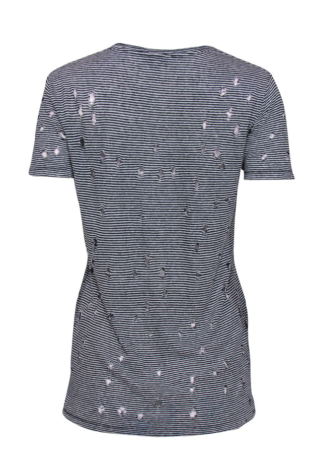 Current Boutique-IRO - White & Black Striped Distressed Linen Tee Sz XS