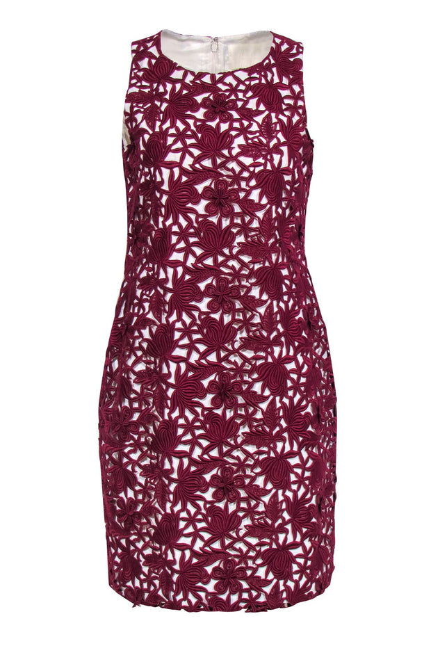J.Crew Collection - Ivory & Burgundy Floral Embroidered Overlay Sheath J.Crew Collection - Ivory & Burgundy Floral Embroidered Overlay Sheath