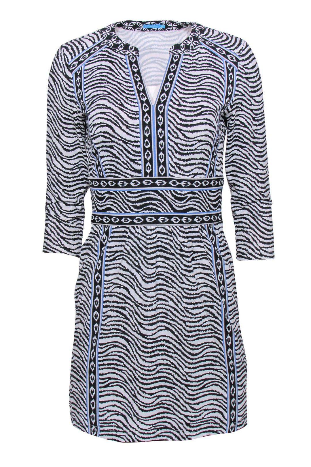 J. McLaughlin - White, Black & Blue Zebra Print Sheath Dress w/ Printe