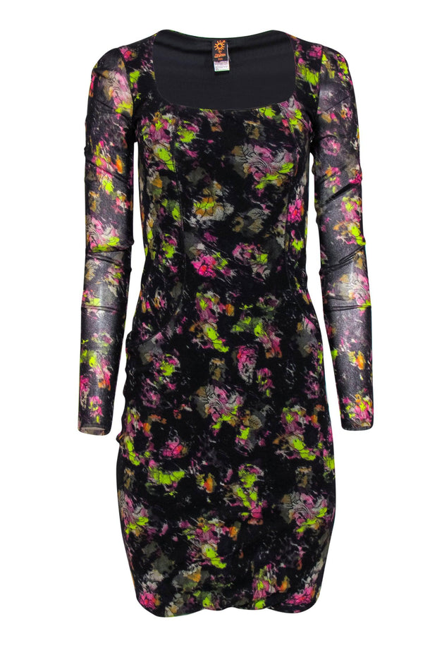 Jean Paul Gaultier Soleil - Black Floral Mesh Scoop Neck Bodycon Dress Jean Paul Gaultier Soleil - Black Floral Mesh Scoop Neck Bodycon Dress