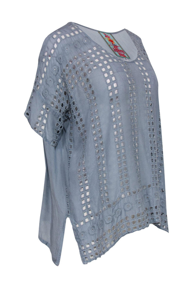 Current Boutique-Johnny Was - Dusty Blue Short Sleeve Blouse w/ Eyelet Design Sz XS