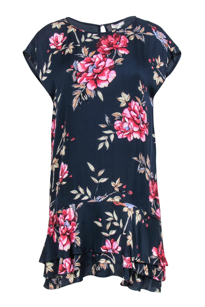 Joie - Navy & Pink Floral Print Silk Drop Waist Dress Sz S Joie - Navy & Pink Floral Print Silk Drop Waist Dress Sz S