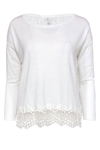 Current Boutique-Joie - White Long Sleeve Knit Top w/ Embroidered Back & Lace Trim Sz XS