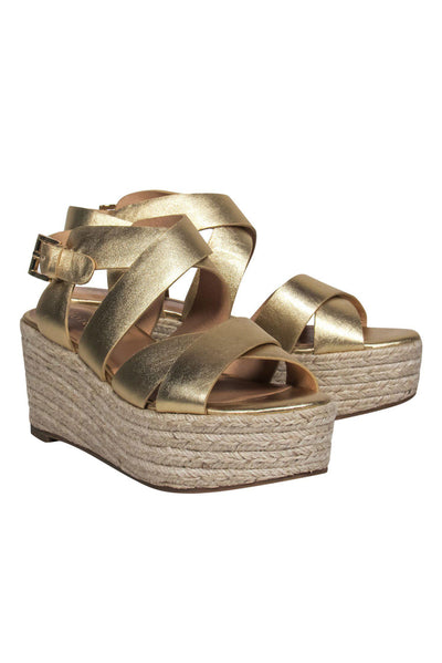Current Boutique-Joie - Gold Strappy Woven Platform Wedges Sz 9