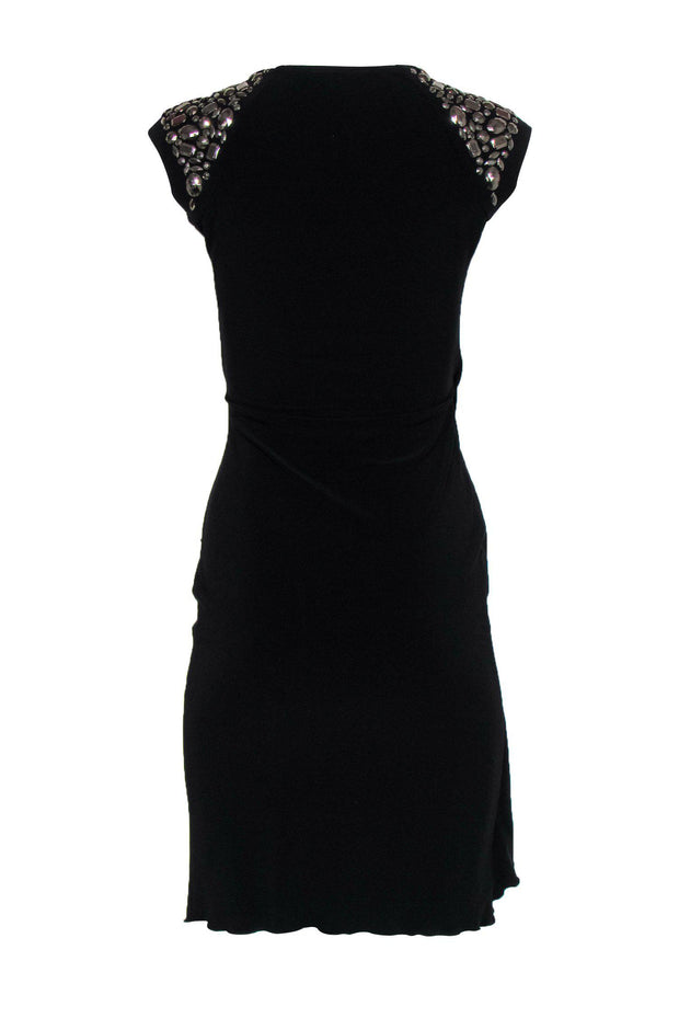 Joseph Ribkoff - Black Plunge Gathered Side Sheath Dress w/ Beading Sz Joseph Ribkoff - Black Plunge Gathered Side Sheath Dress w/ Beading Sz