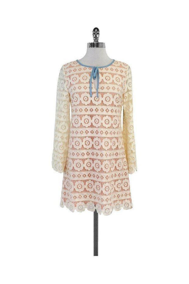 Juicy Couture - Cream & Pink Eyelet Long Sleeve Shift Dress Sz 4 Juicy Couture - Cream & Pink Eyelet Long Sleeve Shift Dress Sz 4