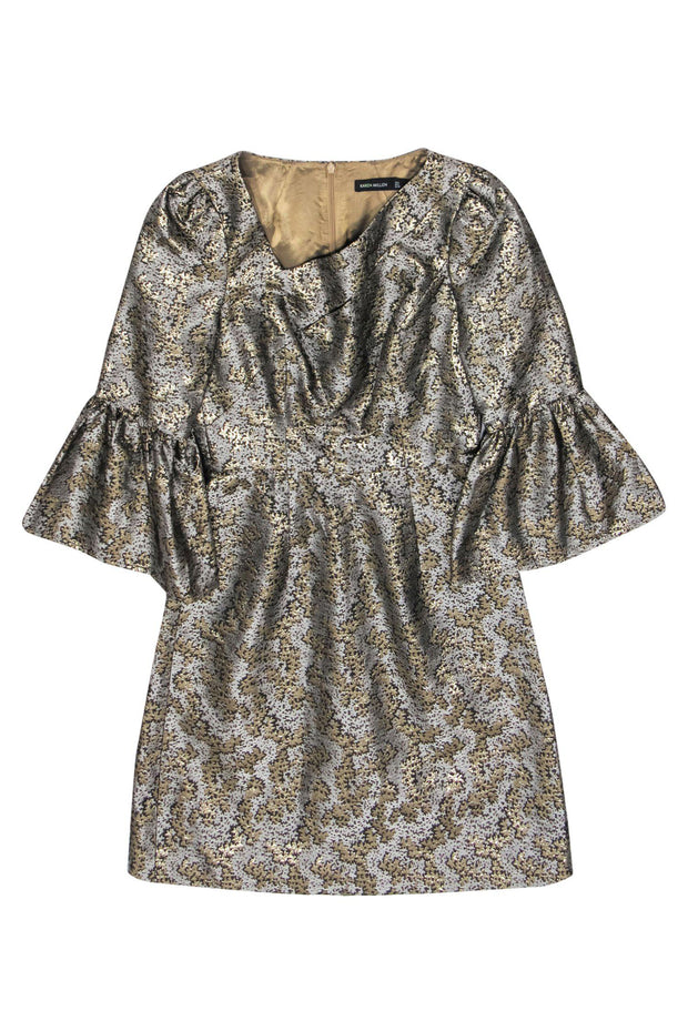 Karen Millen - Silver & Gold Printed Textured Bell Sleeve Fit & Flare Karen Millen - Silver & Gold Printed Textured Bell Sleeve Fit & Flare