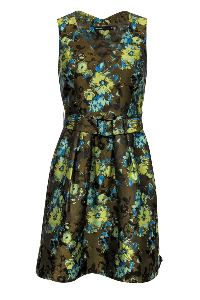 Karen Millen - Olive Green Floral Print A-Line Dress Sz 6 Karen Millen - Olive Green Floral Print A-Line Dress Sz 6