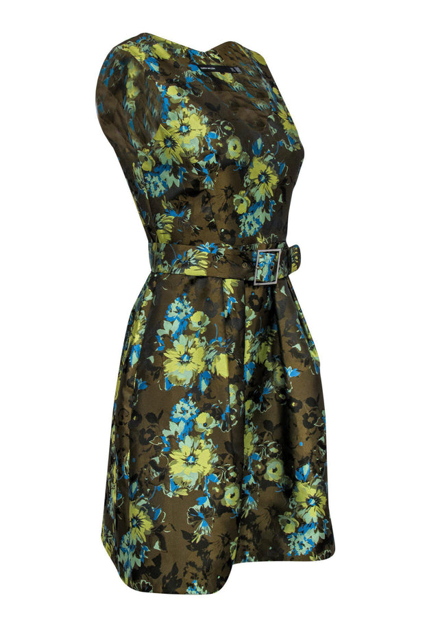 Karen Millen - Olive Green Floral Print A-Line Dress Sz 6 Karen Millen - Olive Green Floral Print A-Line Dress Sz 6