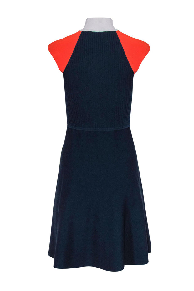 Karen Millen - Navy & Orange Ribbed Knit Short Sleeved Dress Sz S Karen Millen - Navy & Orange Ribbed Knit Short Sleeved Dress Sz S