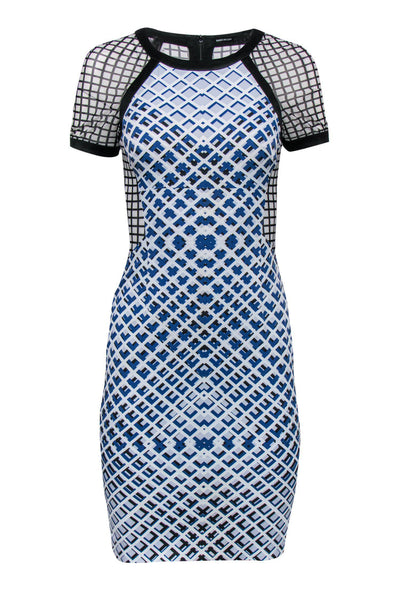 Karen Millen - Blue & White Geometric Print Dress w/ Mesh Sz 4 Karen Millen - Blue & White Geometric Print Dress w/ Mesh Sz 4