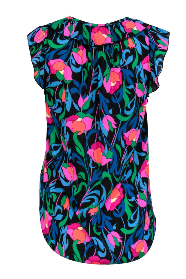 Current Boutique-Kate Spade - Pink & Blue Multi-Colored Floral Print Crepe Tank w/ Ruffles Sz XS