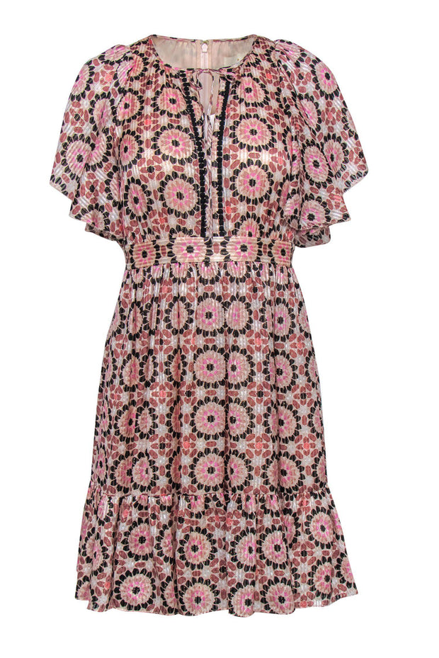 Kate Spade - Pink Metallic Geometric Print Ruffle Short Sleeve Fit & Flare Dress Sz 0 Kate Spade - Pink Metallic Geometric Print Ruffle Short Sleeve Fit & Flare Dress Sz 0