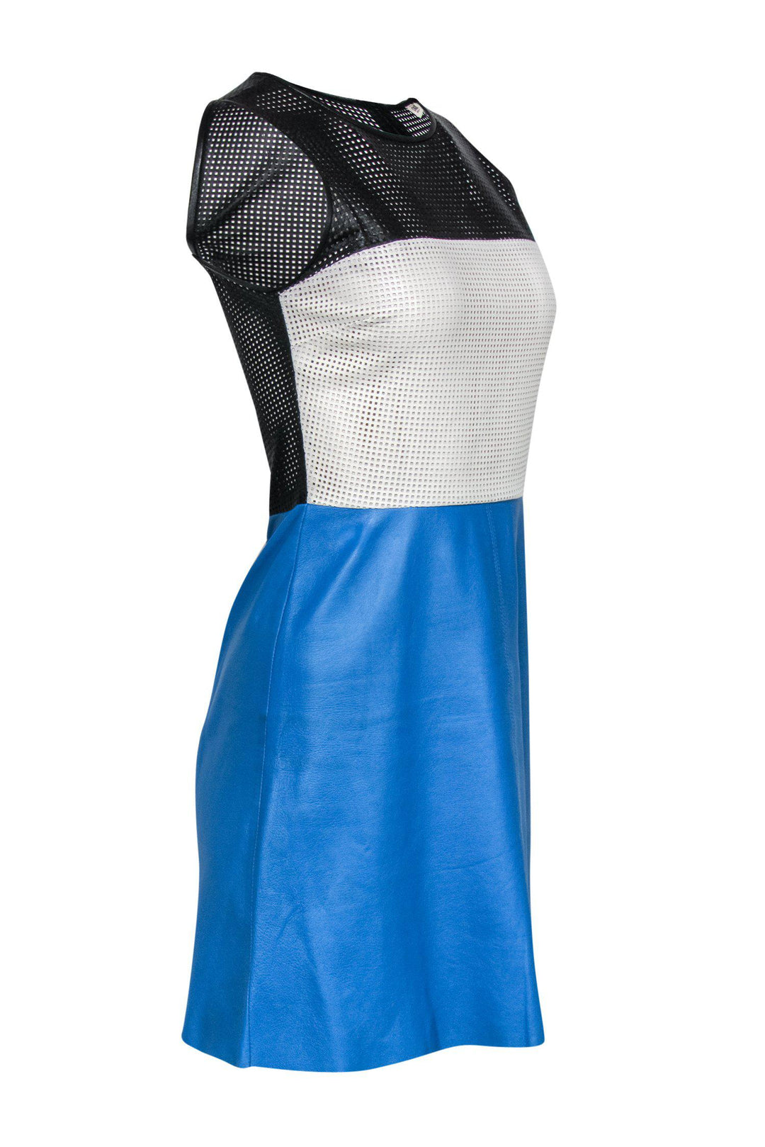 L'Agence - Blue, Black & White Colorblocked Leather Fit & Flare Dress L'Agence - Blue, Black & White Colorblocked Leather Fit & Flare Dress