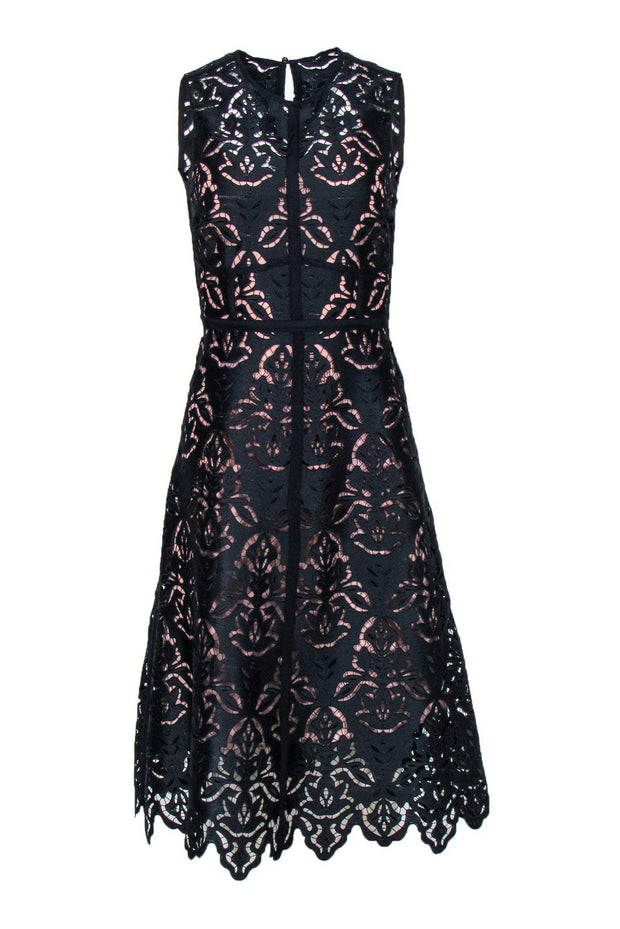Current Boutique-L.K. Bennett - Navy Lace Fit & Flare Midi Dress w/ Pink Slip Sz 4