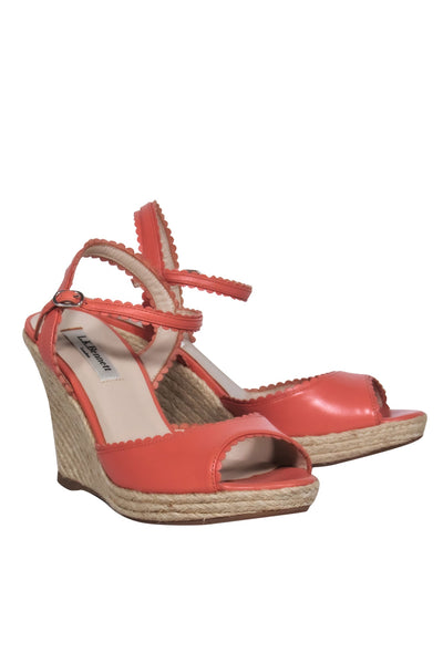 Current Boutique-L.K. Bennett - Pink Leather Scalloped Woven Peep Toe Wedges Sz 7