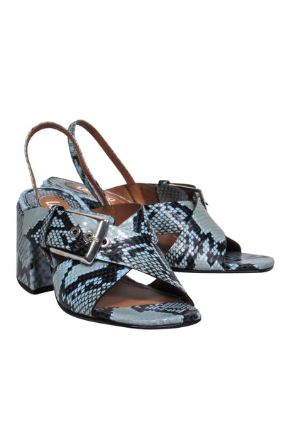 Current Boutique-Labucq - Blue & Black Snakeskin Strappy Block Heel Square Toe Sandals Sz 6.5