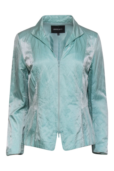 Current Boutique-Lafayette 148 - Bright Aqua Mint Satin Zip-Up Jacket Sz 10