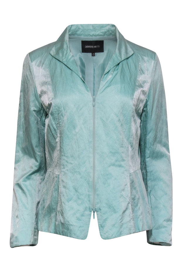 Current Boutique-Lafayette 148 - Bright Aqua Mint Satin Zip-Up Jacket Sz 10