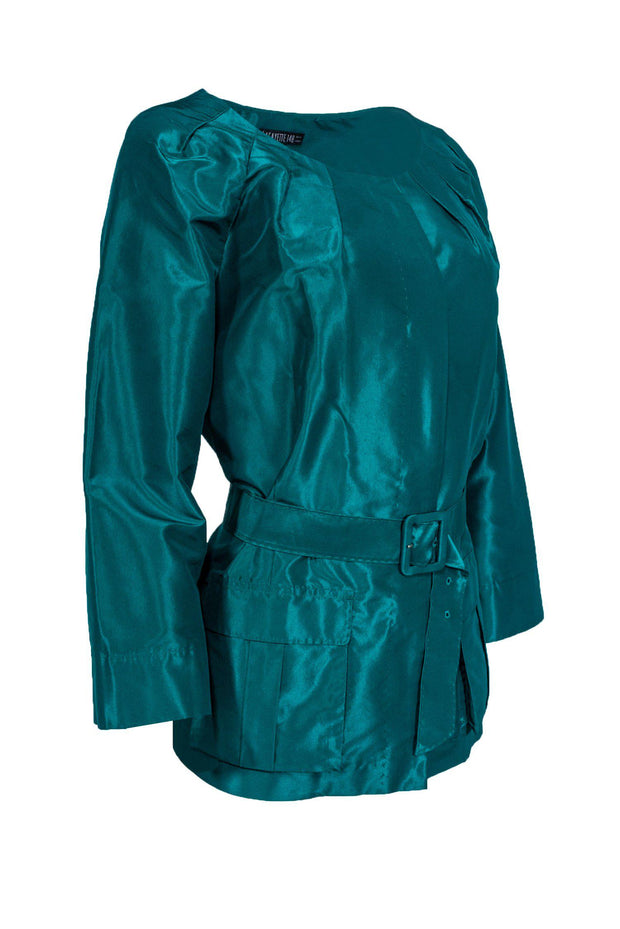 Current Boutique-Lafayette 148 - Teal Satin Silk Jacket w/ Belt Sz 14