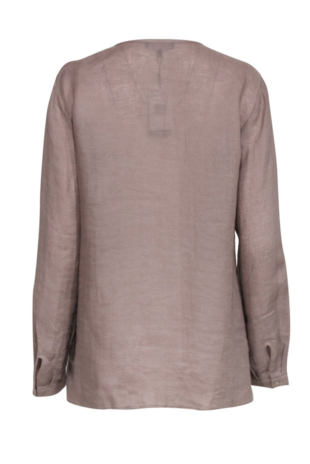 Current Boutique-Lafayette 148 - Tan Linen Long Sleeve Tie Front Top Sz M