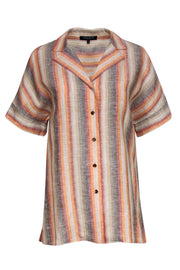 Current Boutique-Lafayette 148 - Orange & Tan Linen Striped Button-Down Gradient Blouse Sz S