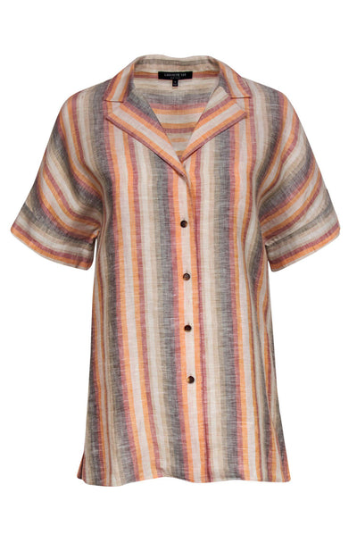 Current Boutique-Lafayette 148 - Orange & Tan Linen Striped Button-Down Gradient Blouse Sz S