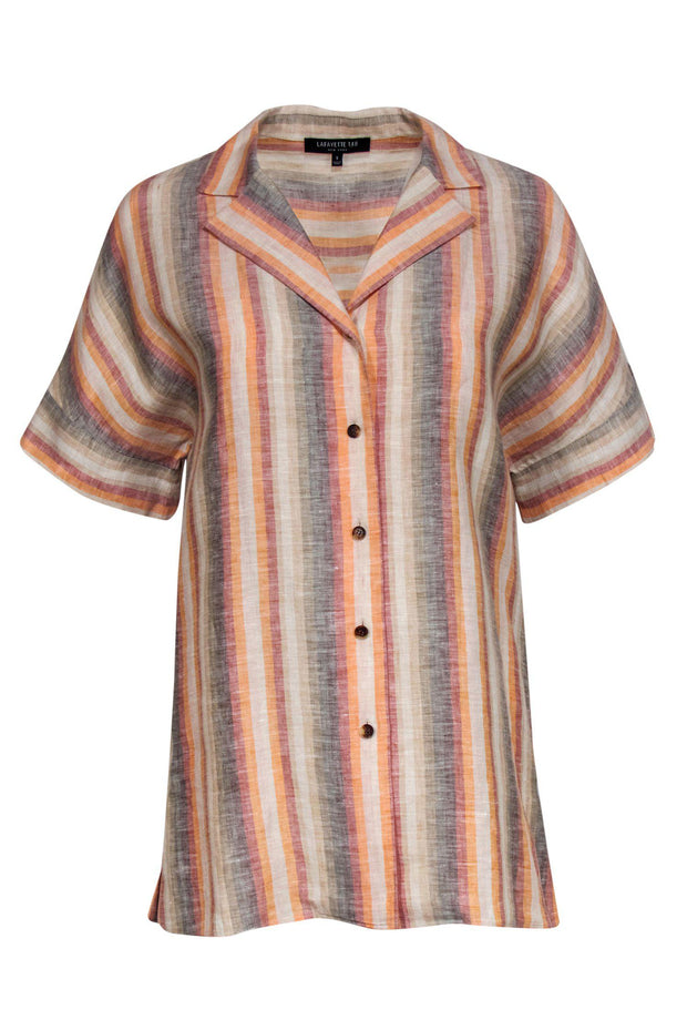 Current Boutique-Lafayette 148 - Orange & Tan Linen Striped Button-Down Gradient Blouse Sz S