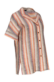 Current Boutique-Lafayette 148 - Orange & Tan Linen Striped Button-Down Gradient Blouse Sz S