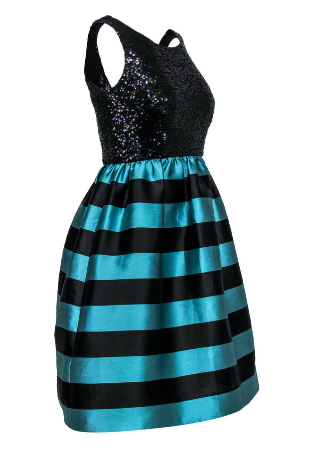 Leifsdottir - Black Sequin Sleeveless w/ Blue & Black Stripe Taffeta Bottom Sz 0 Leifsdottir - Black Sequin Sleeveless w/ Blue & Black Stripe Taffeta Bottom Sz 0
