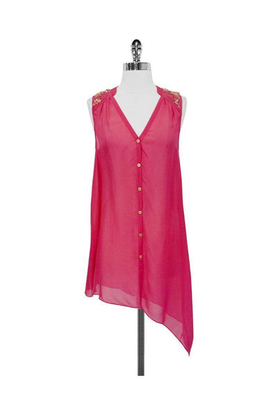 Current Boutique-Leifsdottir - Pink Beaded Silk Sleeveless Asymmetrical Blouse Sz 2