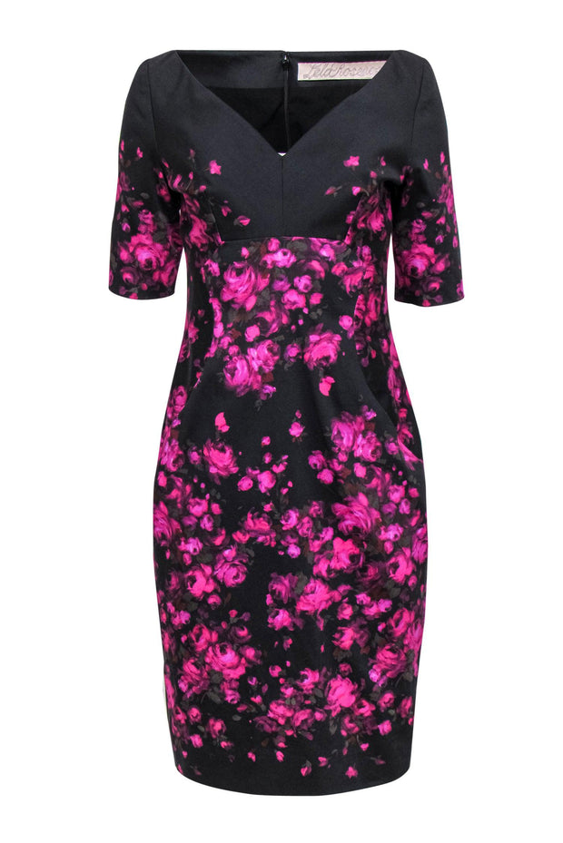Lela Rose - Black & Purple Floral Print Short Sleeve Midi Dress Sz 8 Lela Rose - Black & Purple Floral Print Short Sleeve Midi Dress Sz 8