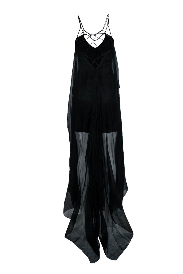 leon max silk dress Leon Max Blue Silk Strappy Split Skirt Evening Gown
