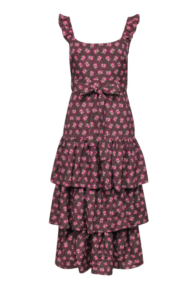 Likely – Pink & Black Ditzy Floral Print w/ Ruffles Midi Dress Sz 4 Likely – Pink & Black Ditzy Floral Print w/ Ruffles Midi Dress Sz 4