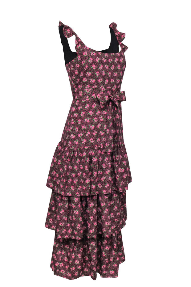 Likely Charlotte Tiered Floral Midi Dresss, Size 4 in Black/Pink Multi at Nordstrom Rack