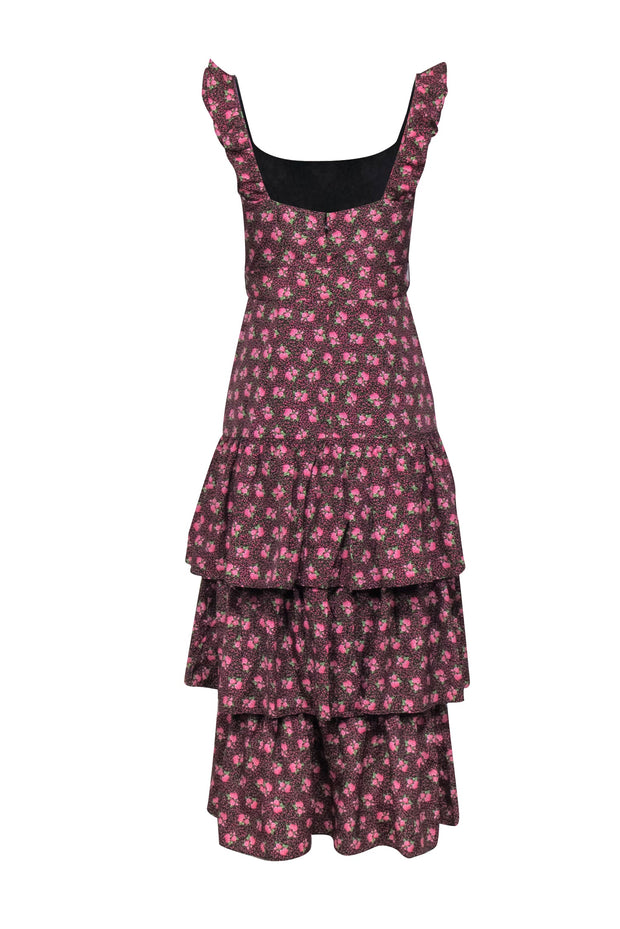 Current Boutique-Likely – Pink & Black Ditzy Floral Print w/ Ruffles Midi Dress Sz 4