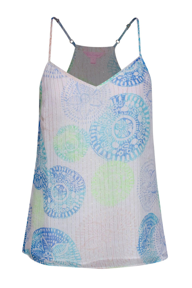 Current Boutique-Lilly Pulitzer - White, Blue, & Green Sand Dollar Print Tank w/ Metallic Threading Sz S