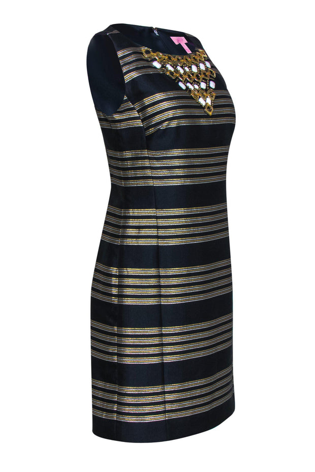Lilly Pulitzer - Navy & Gold Striped Sheath Dress w/ Jewels Sz 2 Lilly Pulitzer - Navy & Gold Striped Sheath Dress w/ Jewels Sz 2