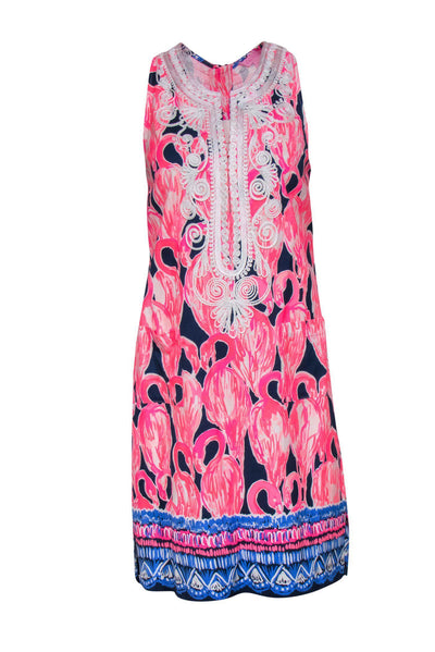 Current Boutique-Lilly Pulitzer - Pink & Navy Flamingo Print Sleeveless Sheath Dress w/ Embroidered Trim Sz 2