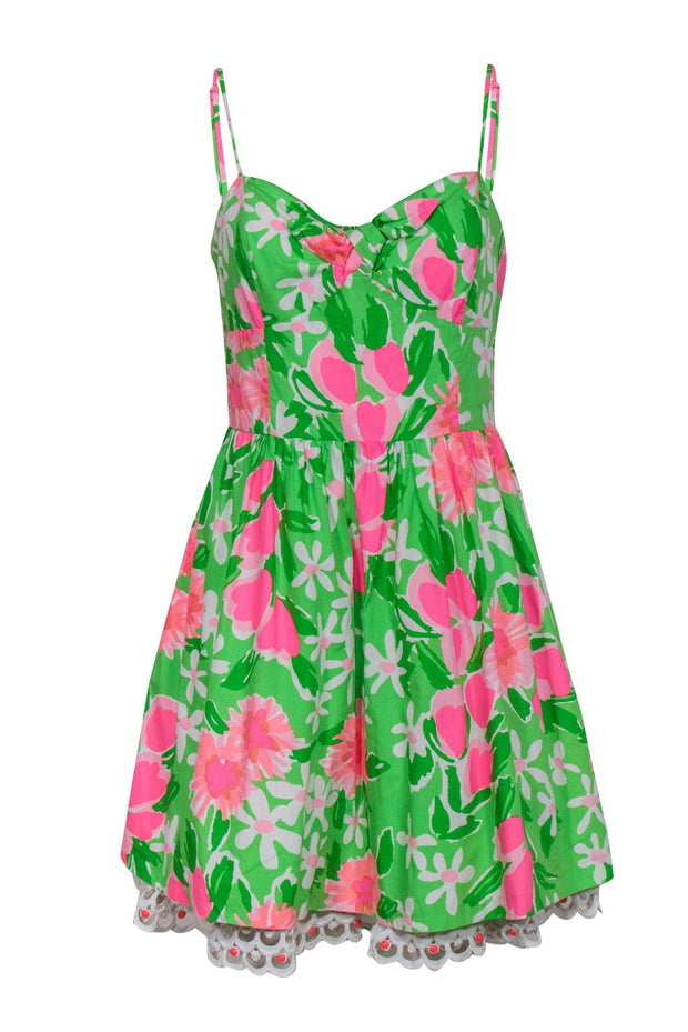 Lilly Pulitzer - Green & Pink Floral Cotton Knotted Bust Dress Sz 8 Lilly Pulitzer - Green & Pink Floral Cotton Knotted Bust Dress Sz 8
