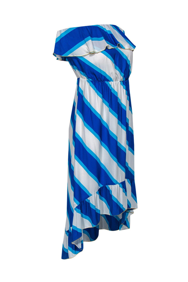 Lilly Pulitzer - Blue & White Striped Strapless Midi Dress w/ Gold Trim Sz S Lilly Pulitzer - Blue & White Striped Strapless Midi Dress w/ Gold Trim Sz S