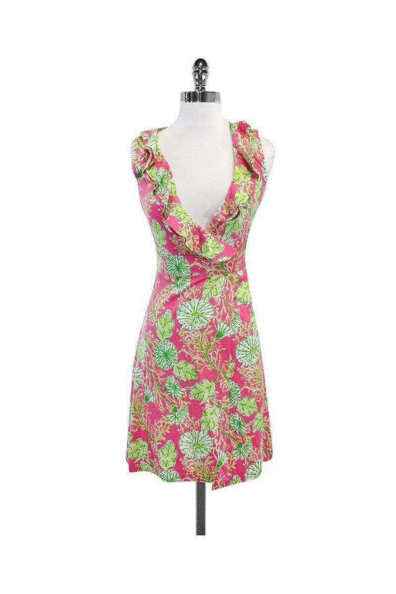 green and pink wrap dress Final Sale Plus Size Faux Wrap Dress in Fuchsia Floral Print main image 0