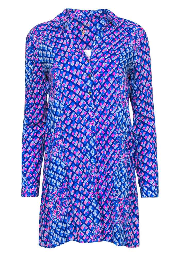 Lilly Pulitzer - Blue & Pink Pineapple Print Collared Shirtdress w/ Po