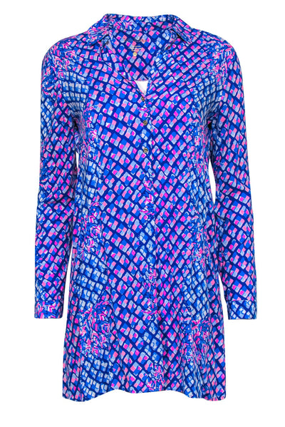 Current Boutique-Lilly Pulitzer - Blue & Pink Pineapple Print Collared Shirtdress w/ Pockets Sz XXS